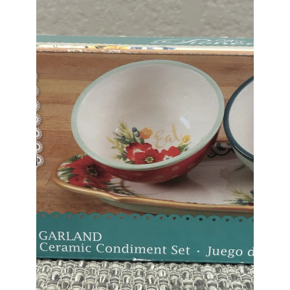 Pioneer Woman Garland Ceramic Condiment Set 4 Pcs 3 Bowls Tray Holiday Christmas